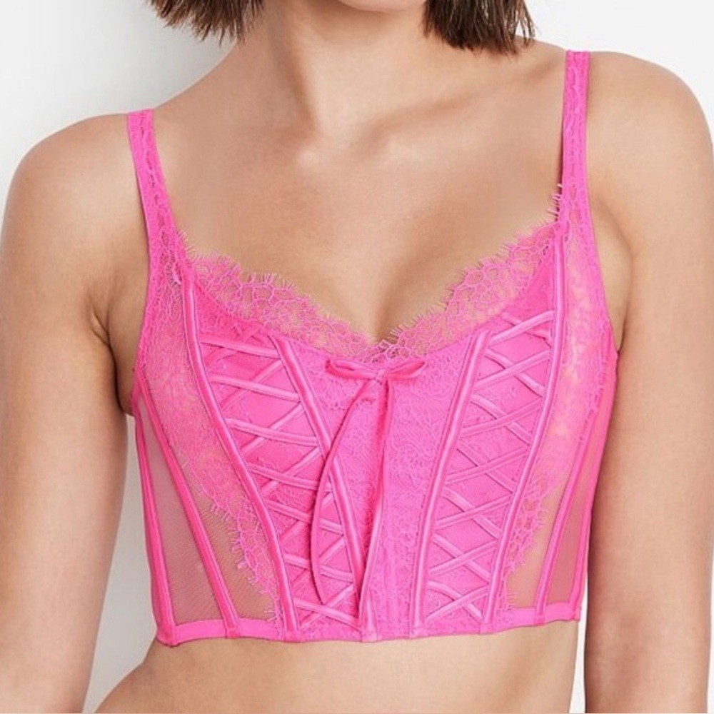 Victoria's Secret Corset Lace Bra Top in Neon Pink Size Large EUC